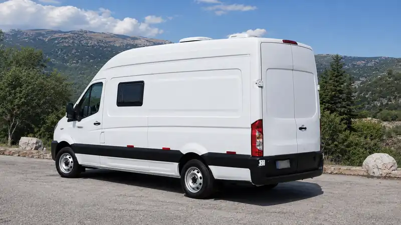 White high-roof campervan parked in front of Lebanese mountains
