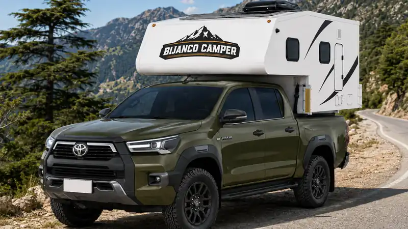 Pickup truck with a slide-in camper on a winding Lebanese mountain road with pine forest
