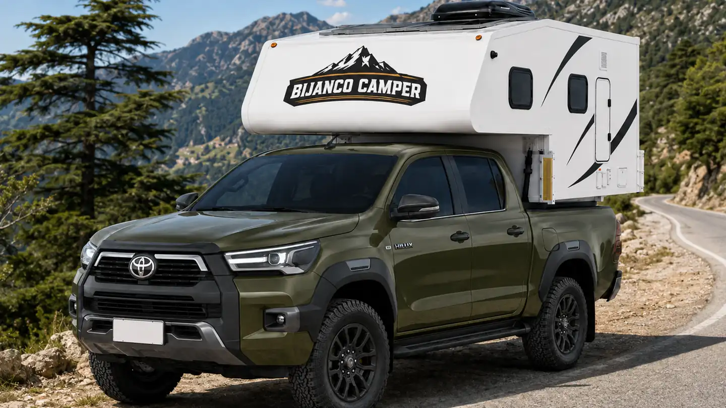Pickup truck with a slide-in camper on a winding Lebanese mountain road with pine forest