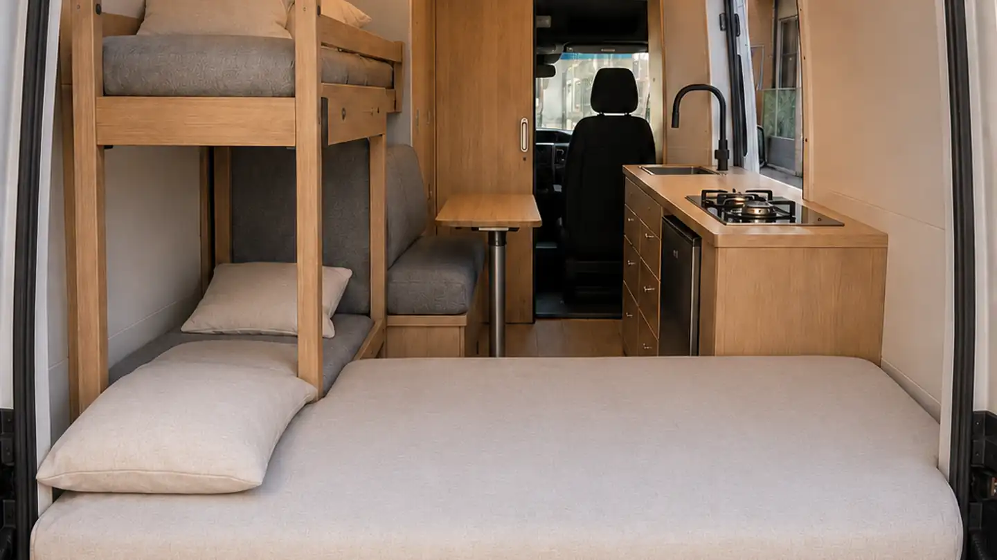 Rear view into a converted Mercedes Sprinter showing a fixed bed with a bunk above