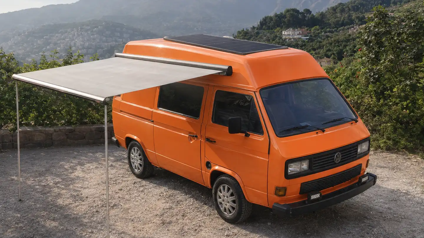 Orange camper van with a roll-out awning parked on a Lebanese hillside above the coast
