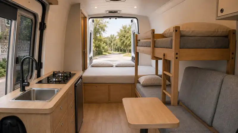 Finished Sprinter van conversion interior with kitchen, seating and bunk bed